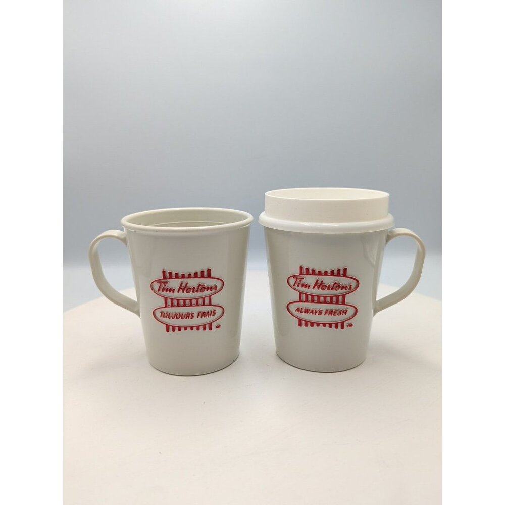 2x Tim Hortons Vtg 80s Always Fresh Plastic Mug Cup English French Travel